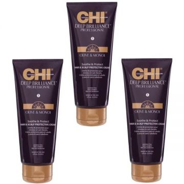 Pachet 3 x Crema de Protectie pentru Par si Scalp - CHI Farouk Deep Brilliance Olive & Monoi Soothe & Protect Hair & Scalp Protective Cream, 177ml