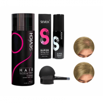 Kit complet fibre pentru par rar, SEVICH, pudra, fixativ, aplicator, blond mediu, 25 g