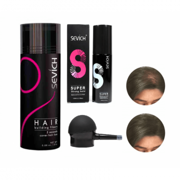 Kit complet fibre pentru par rar, SEVICH, pudra, fixativ, aplicator, saten mediu, 25 g