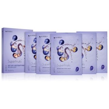 KORIKA SuperFruits Blueberry - Set of 5 Detoxifying Face Sheet Masks set de măști de față la un preț mai avantajos cu efect detoxifiant Blueberry