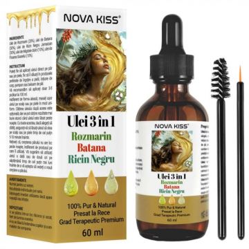 Ulei 3 in 1 Rozmarin, Batana si Ricin Negru NOVA KISS   ,100% Pur  Natural, Grad Terapeutic Premium, pentru Cresterea Parului, Tratarea Scalpului si Pielii, 60 ml