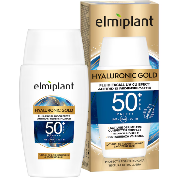 Fluid facial cu efect antirid SPF50+ Hyaluronic Gold, 50ml, Elmiplant
