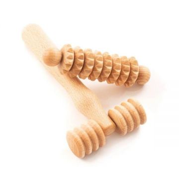 Set de Masaj din Lemn Natural - Derma Mini Roller pentru Fata, Gat, Brat, Mana si Umeri, Natur - Tuuli, 1 set