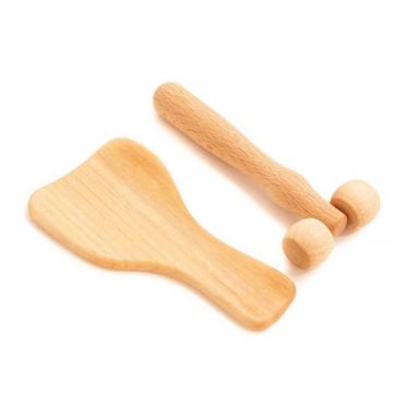 Set de Masaj din Lemn Natural - Gua Sha & Derma Roller, Natur - Tuuli, 1 set