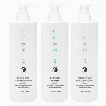 Tratament Profesional cu Keratină Juke – Pachet Complet pentru Îndreptare și Reparare Intensivă ( Sampon 730 ml + Balsam 730 ml+ Tratament 730 ml )