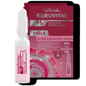 Fiolă Cu 10% Acid Hialuronic 4d - Ser Concentrat Antirid Cu Efect Optic Instant, Gerovital H3 Evolution Perfect Look, 2 Ml