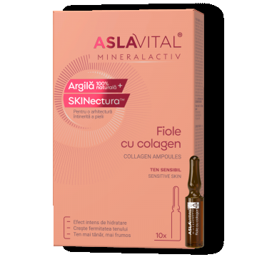 Fiole Cu Colagen și Elastină  Fermitate, Hidratare și Protecție Antioxidantă Pentru Ten Sensibil, Aslavital Mineralactiv, 10 Fiole X 2 Ml