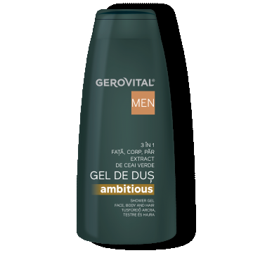 Gel De Duș 3 n 1 Ambitious Cu Ceai Verde, Panthenol și Lemn De Cedru  Curățare și Hidratare Pentru Față, Corp și Păr, Gerovital Men, 400 Ml