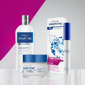 Set Cadou ngrijire Ten Cu Efect Antirid, Gerovital H3 Retinol  Cremă Regenerare Avansată 3% Retinol, Cremă Antirid Contur Ochi 2% Retinol, Emulsie Hidratantă Demachiantă 2 n 1