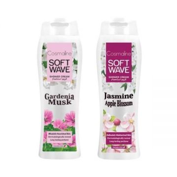 Set Geluri de dus cu ingrediente naturale, arome de Mosc Gardenie si Iasomie & Flori de Măr, Cosmaline Soft Wave, 2x400ml