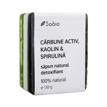 Sapun natural detoxifiant cu carbune activ + kaolin si spirulina, 130g, Sabio
