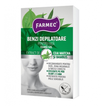 Farmec Benzi depilatoare pentru fata cu ceara gel cu extract de ceai matche si bambus 10 bucati