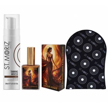 Set premium pentru Autobronzare Profesionala cu Spuma St Moriz x 200 ml, Ulei Stralucitor cu Sidef Auriu NOVA KISS   x 50 ml si Manusa
