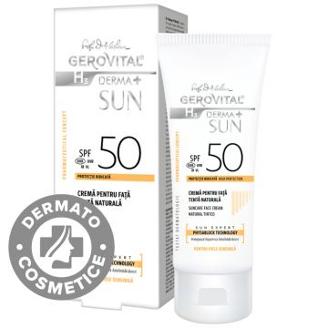 Crema de fata cu tenta naturala SPF 50 H3 Derma+ Sun, 50ml, Gerovital