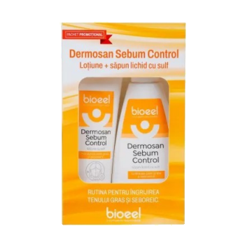 Pachet Lotiune cu sulf 100ml+ Sapun lichid cu sulf 200ml Dermosan Sebum Control, Bioeel