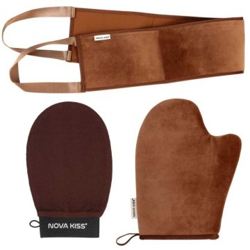 Set Profesional pentru Bronzare Fara Urme NOVA KISS   Tan Like a Pro, cu Manusa Autobronzanta, Manusa Exfolianta si Aplicator Spate