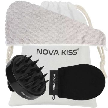 Set SPA cu Perie Masaj Scalp, Prosop Turban, Manusa Exfolianta si Saculet din Bumbac Organic, NOVA KISS