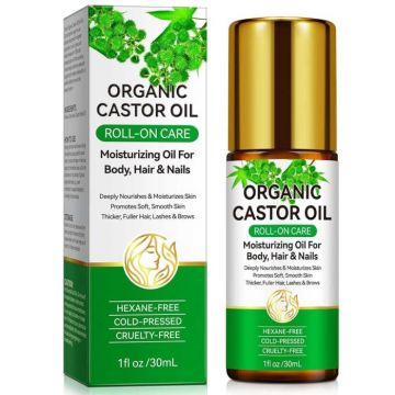 Ulei de Ricin 100% Pur Organic, Roll-On, pentru Ten, Gene, Sprancene, Unghii, 30 ml