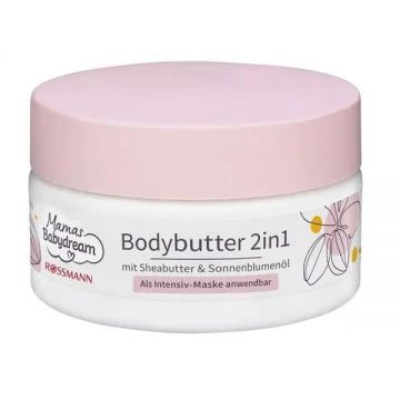 Unt de corp 2 in 1, pentru gravide, folosit și ca mască intensivă, cu unt de shea și ulei de floarea soarelui, Mamas Babydream, 200 ml
