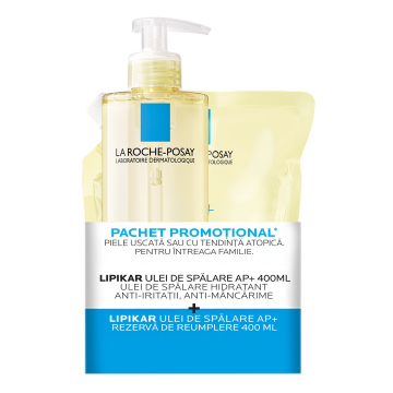 Pachet Ulei de dus hidratant AP+ Lipikar, 400 ml + Rezerva, 400 ml, La Roche-Posay