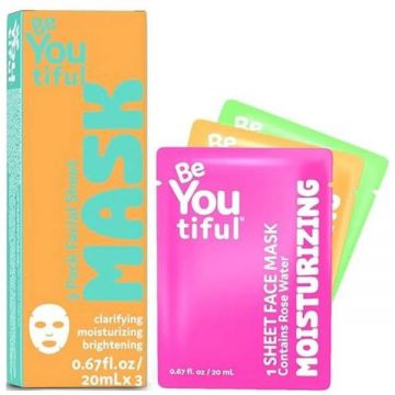 Set 3 Masti Faciale pentru Adolescenti si Tineri, Purifianta, Hidratanta si Iluminatoare - BeYoutiful Pack Facial Sheet Mask, 1 pachet