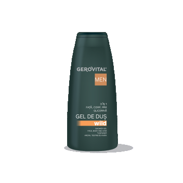 Gel De Duș Wild 3 n 1 Cu Glicerină și Mentol  Hidratare și ngrijire Pentru Față, Corp și Păr, Efect Răcoritor, Gerovital Men, 400 Ml/ 100 Ml