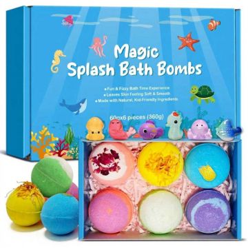 Set 6 Bombe de Baie pentru Copii cu Surpiza in Interior, Arome si Culori Diferite, 6 x 60 g